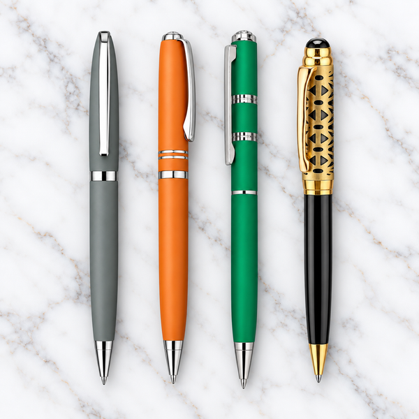 Set of 4 Premium Twist Metal Ball Pens | Matt Gray, Matt Orange, Matt Green & Metallic Glossy Black Gold | Blue Ink | 4 Free Refills | Executive Gift Pens