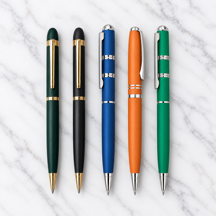 Set of 5 Premium Twist Metal Ball Pens – Matt Green Gold, Matt Black Gold, Blue Silver Ring, Blue Silver Ring, Orange Silver Ring – Blue Ink