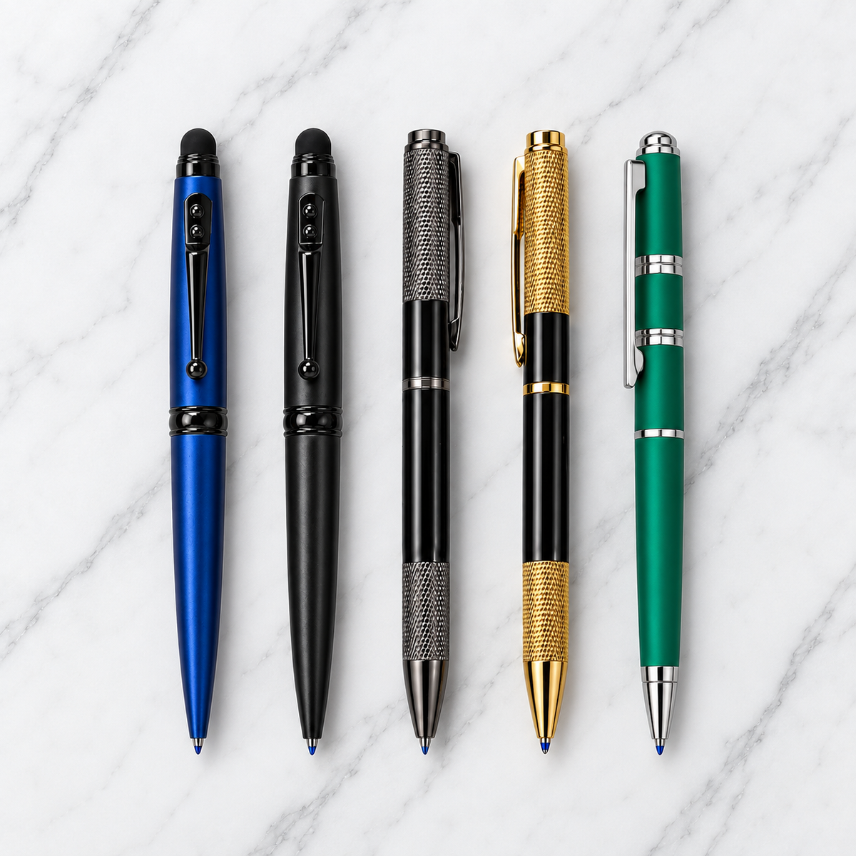 Set of 5 Premium Twist Metal Ball Pens with Stylus & Designer Collection Blue Ink Gift Set