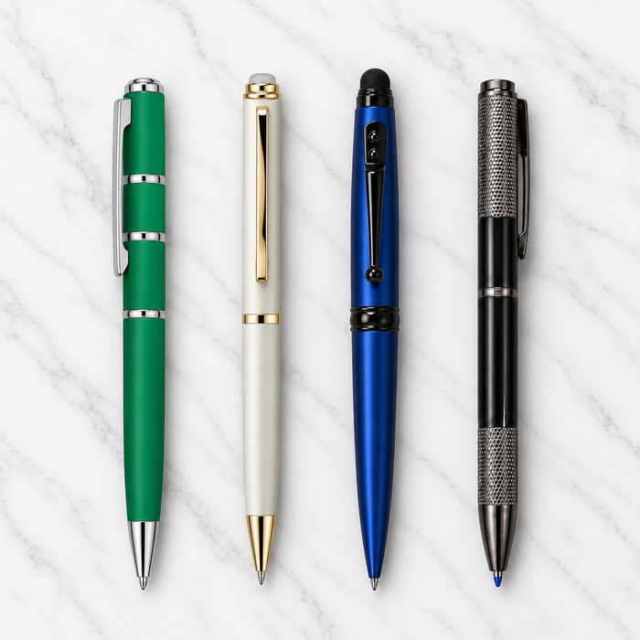 Set of 4 Premium Metal Twist Ball Pens – Matt Green Silver Ring, Matt Gray Gold Clip, Stylus Blue, Metallic Glossy Black Gray Design – Blue Ink