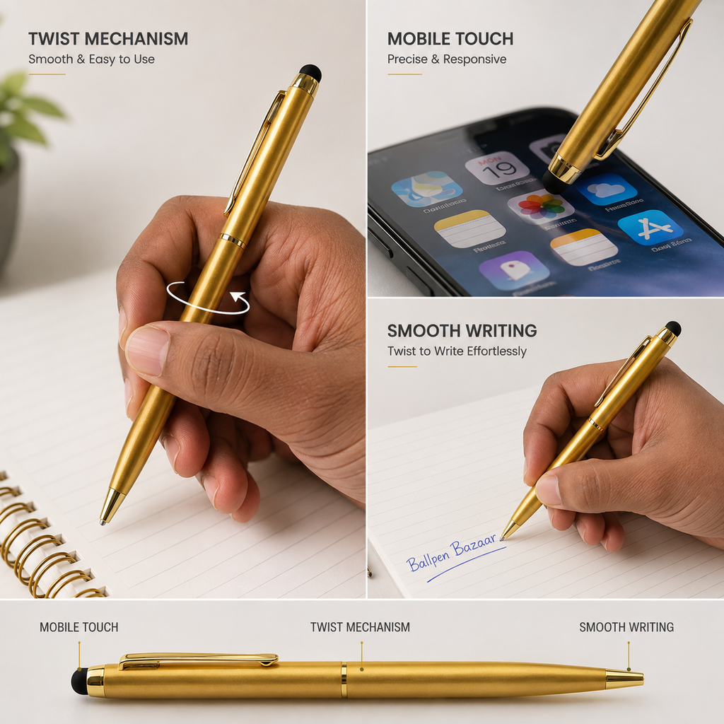 Ballpen Bazaar Stylus Metallic Glossy Gold Ball Pen | Gold Clip Twist Mechanism | Blue Ink | 1 Pen + 1 Free Refill | Name Engraving Available