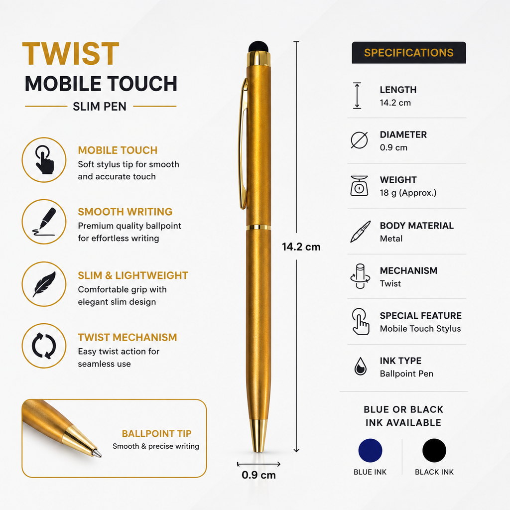 Ballpen Bazaar Stylus Metallic Glossy Gold Ball Pen | Gold Clip Twist Mechanism | Blue Ink | 1 Pen + 1 Free Refill | Name Engraving Available