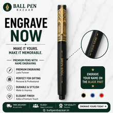 Ballpen Bazaar Matt Black Rectangle Metal Ball Pen with Engraved Black Cap & Gold Clip | Openable Mechanism | Blue Ink | 1 Pen with 1 Extra Refill