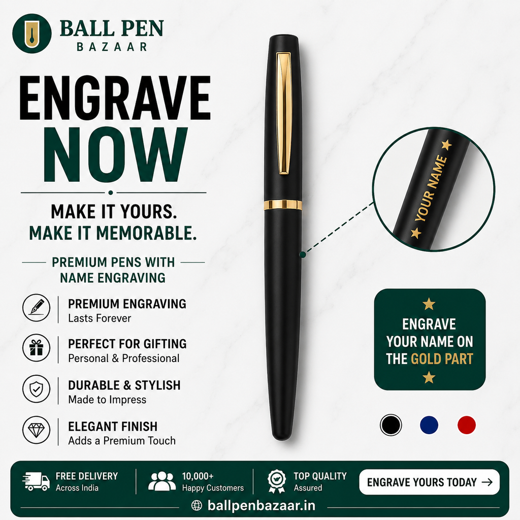 Ballpen Bazaar Matt Black Ball Pen with Gold Clip | Openable Cap Metal Pen | Blue Ink | Premium Executive Writing Pen | 1 Pen with 1 Extra Free Blue Refill