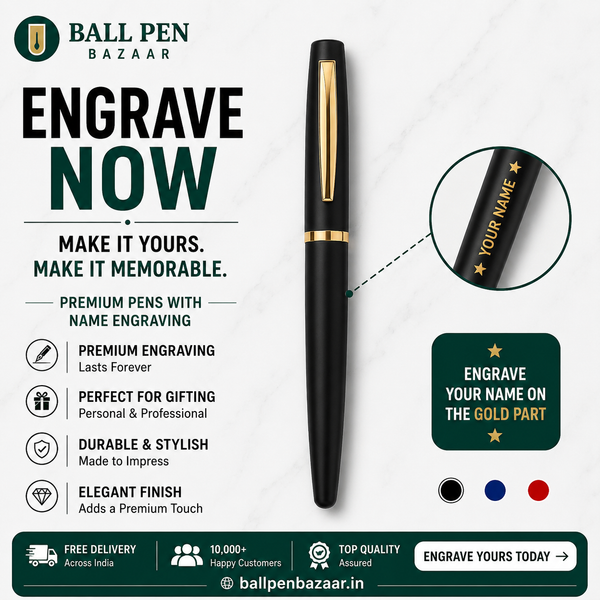 Ballpen Bazaar Matt Black Ball Pen with Gold Clip | Openable Cap Metal Pen | Blue Ink | Premium Executive Writing Pen | 1 Pen with 1 Extra Free Blue Refill