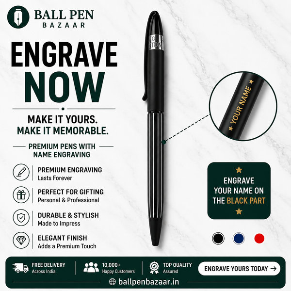 Ballpen Bazaar Matt Black Ball Pen with White Line Design & Black Clip | Twist Mechanism | Blue Ink | Premium Metal Pen | 1 Pen with 1 Extra Blue Refill