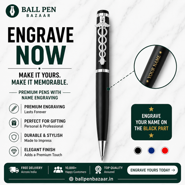 Matt Black Ball Pen with Silver Doctor Symbol Clip | Twist Mechanism | Black Ink | Premium Metal Pen | 1 Pen with 1 Extra Black Refill | Professional Gift for Doctors