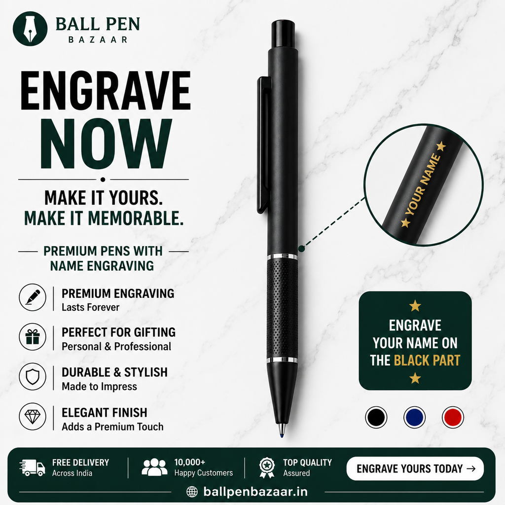 Ballpen Bazaar Matt Black Designer Ball Pen with Black Grip & Black Clip | Click Mechanism | Smooth Blue Ink Writing Pen | Executive Everyday Ballpoint Pen
