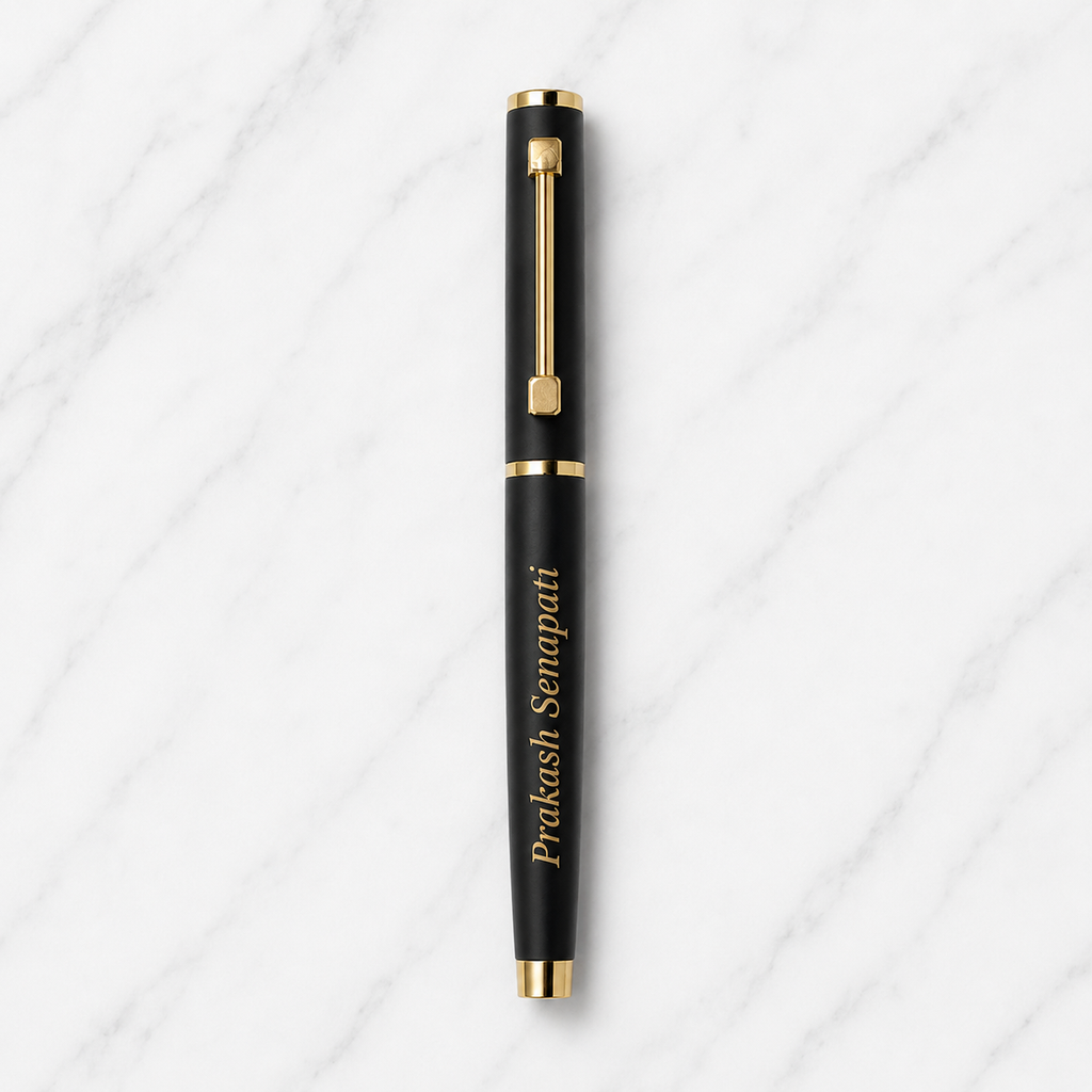 Ballpen Bazaar Matt Black Metal Ball Pen with Matt Black Cap & Designer Glossy Gold Clip | Openable Cap | Blue Ink | Premium Executive Writing Pen | 1 Pen + 1 Free Refill | Gift for Office & Business