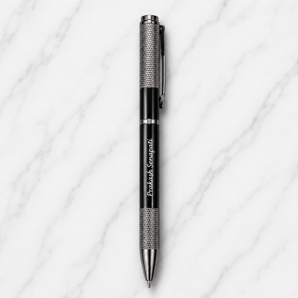 Metallic Glossy Black Metal Ball Pen with Textured Glossy Gunmetal Grip & Gunmetal Clip | Twist Mechanism | Blue Ink | 1 Pen + 1 Surprise Ball Pen Free