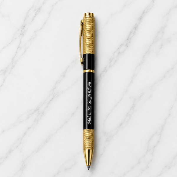 Ball Pen Bazaar Metallic Glossy Black Ball Pen with Textured Glossy Gold Grip & Gold Clip | Twist Mechanism | Blue Ink | 1 Pen + 1 Surprise Ball Pen Free