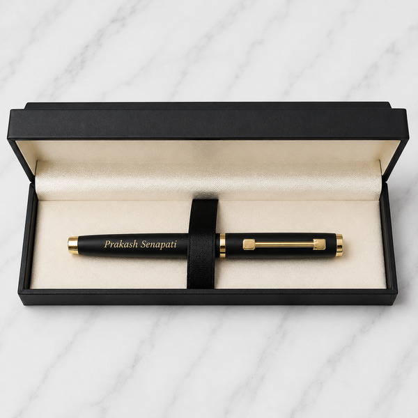 Ballpen Bazaar Matt Black Metal Ball Pen with Matt Black Cap & Designer Glossy Gold Clip | Openable Cap | Blue Ink | Premium Executive Writing Pen | 1 Pen + 1 Free Refill | Gift for Office & Business