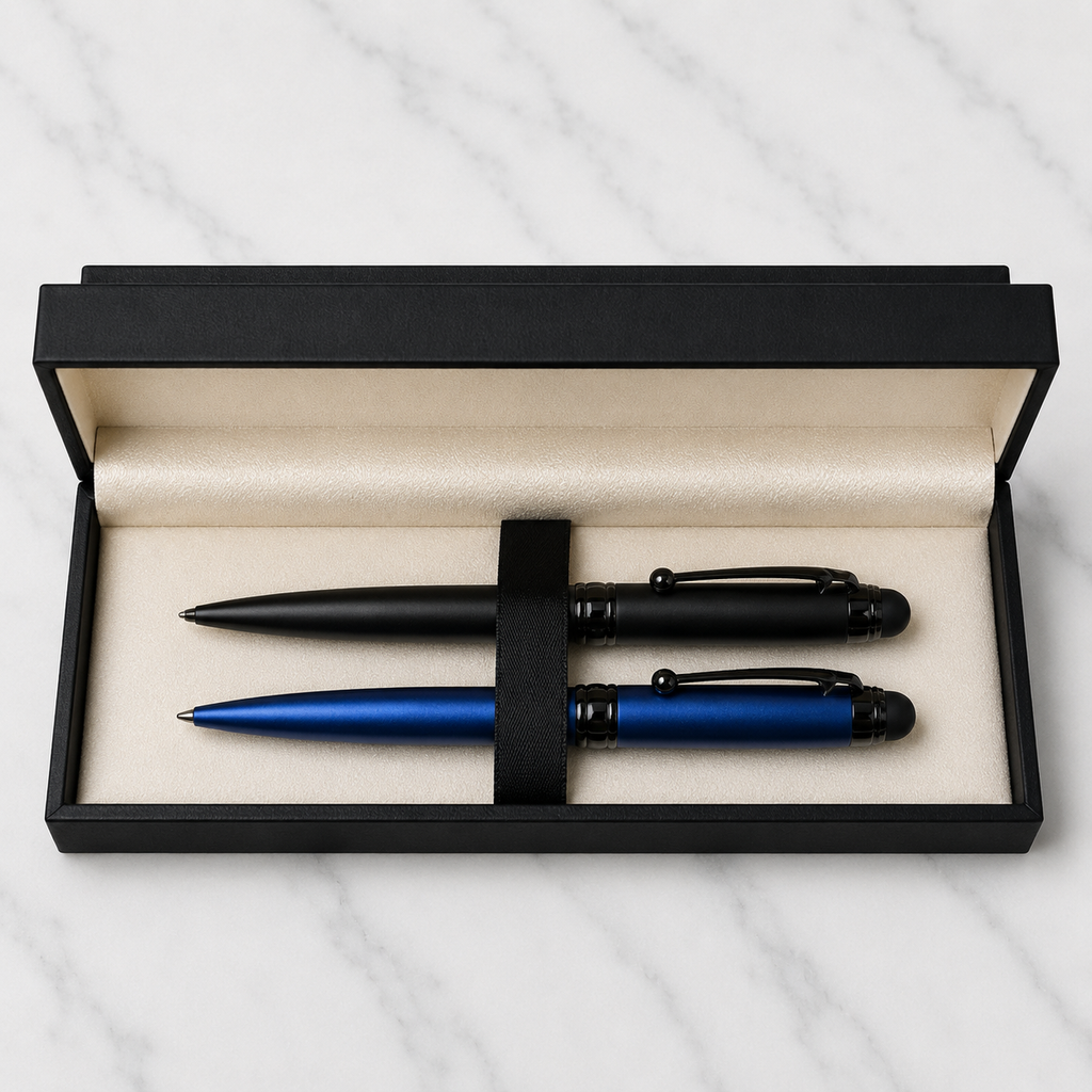 Set of 02 Stylus Matt Blue & Matt Black Metal Ball Pens with Glossy Black Designer Shape Clip | Twist Mechanism | Blue Ink | 2 Pens + 2 Free Refills