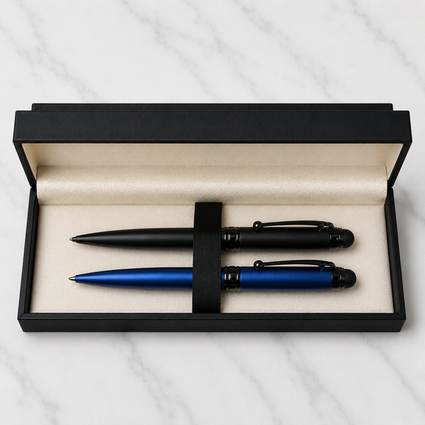 Set of 02 Stylus Matt Blue & Matt Black Metal Ball Pens with Glossy Black Designer Shape Clip | Twist Mechanism | Blue Ink | 2 Pens + 2 Free Refills