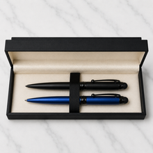 Set of 02 Stylus Matt Blue & Matt Black Metal Ball Pens with Glossy Black Designer Shape Clip | Twist Mechanism | Blue Ink | 2 Pens + 2 Free Refills