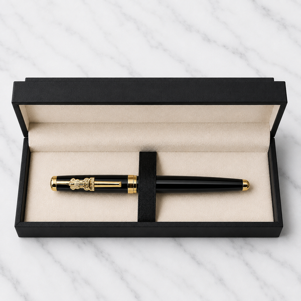 Metallic Glossy Black Ball Pen with Black Cap & Gold Ashoka Emblem Clip | Openable Metal Pen | Blue Ink | 1 Pen + 1 Extra Refill