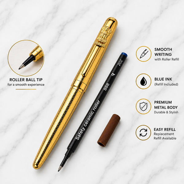 Ballpen Bazaar Metallic Glossy Designer Gold Ball Pen with Gold Designer Cap & Ashoka Emblem Clip | Openable Metal Pen | Blue Ink | 1 Pen + 1 Free Refill