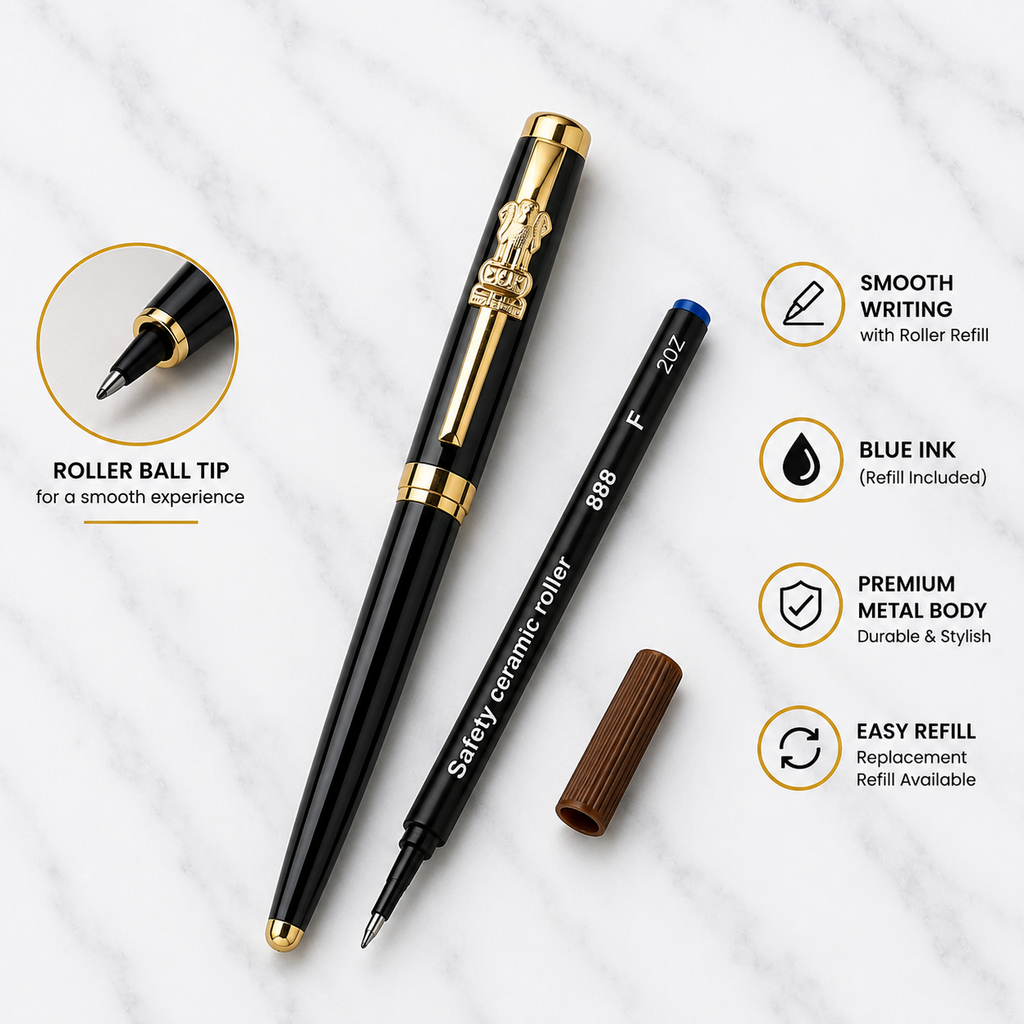 Metallic Glossy Black Ball Pen with Black Cap & Gold Ashoka Emblem Clip | Openable Metal Pen | Blue Ink | 1 Pen + 1 Extra Refill
