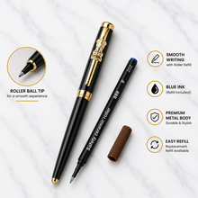 Metallic Glossy Black Ball Pen with Black Cap & Gold Ashoka Emblem Clip | Openable Metal Pen | Blue Ink | 1 Pen + 1 Extra Refill