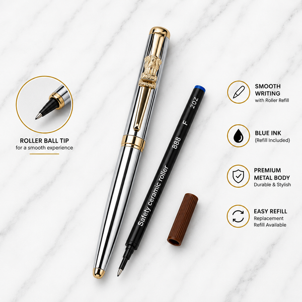 Metallic Glossy Silver Ball Pen with Silver Cap & Gold Ashoka Emblem Clip | Openable Mechanism | Blue Ink | 1 Pen + 1 Extra Refill
