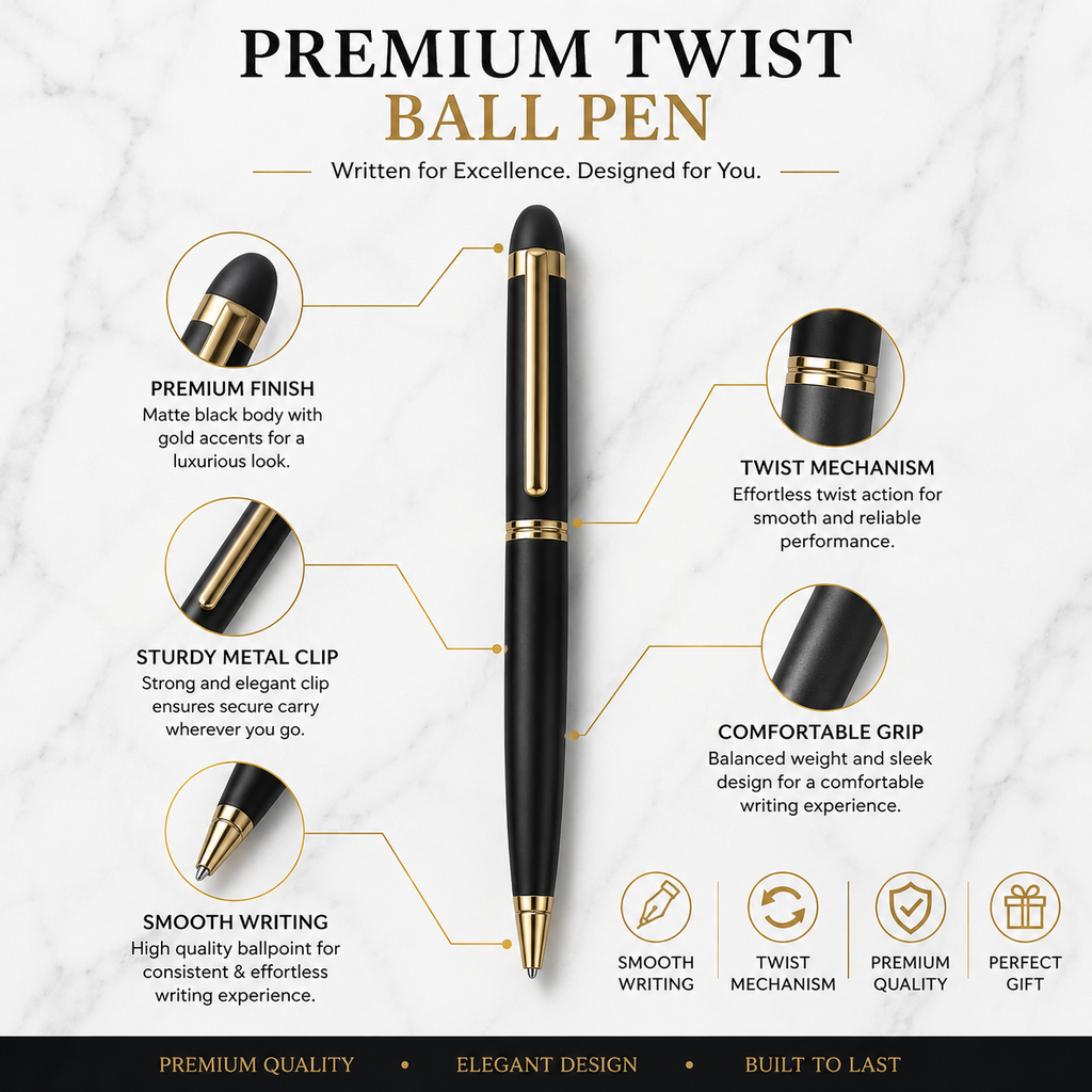 Ballpen Bazaar Matt Black Colour Body with Glossy Gold Colour Clip Twist Mechanism Ball Pen | Blue Ink | Premium Metal Writing Pen | 1 Ball Pen + 1 Extra Free Refill
