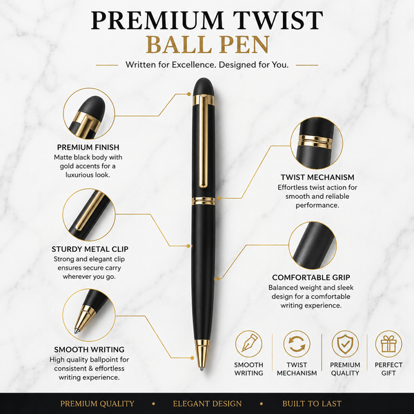 Ballpen Bazaar Matt Black Colour Body with Glossy Gold Colour Clip Twist Mechanism Ball Pen | Blue Ink | Premium Metal Writing Pen | 1 Ball Pen + 1 Extra Free Refill