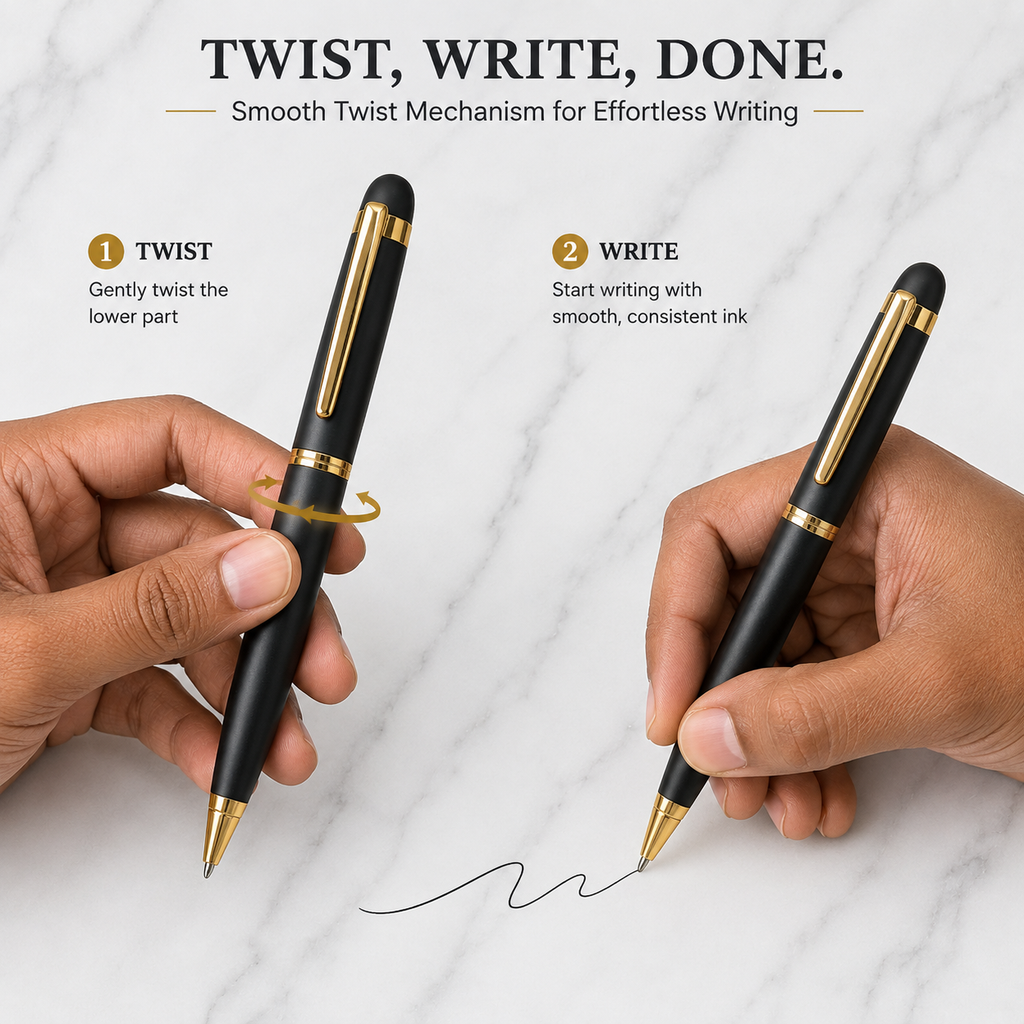 Ballpen Bazaar Matt Black Colour Body with Glossy Gold Colour Clip Twist Mechanism Ball Pen | Blue Ink | Premium Metal Writing Pen | 1 Ball Pen + 1 Extra Free Refill