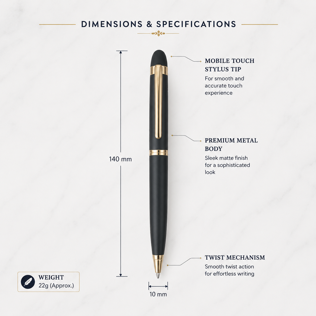Ballpen Bazaar Matt Black Colour Body with Glossy Gold Colour Clip Twist Mechanism Ball Pen | Blue Ink | Premium Metal Writing Pen | 1 Ball Pen + 1 Extra Free Refill