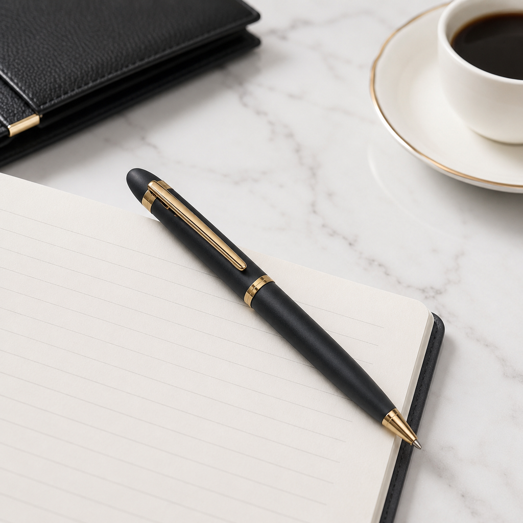 Ballpen Bazaar Matt Black Colour Body with Glossy Gold Colour Clip Twist Mechanism Ball Pen | Blue Ink | Premium Metal Writing Pen | 1 Ball Pen + 1 Extra Free Refill
