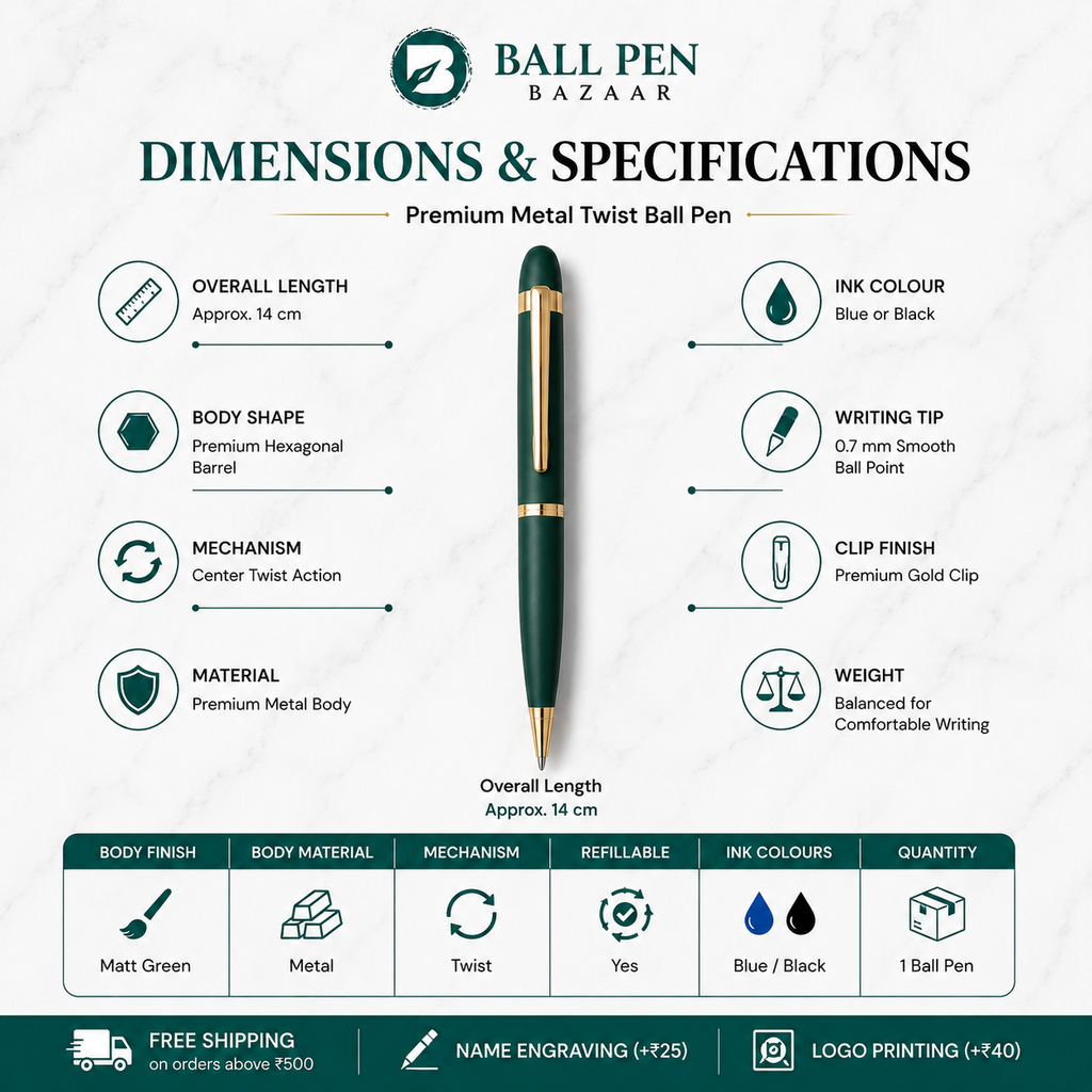 Ballpen Bazaar Matt Green Colour Body with Glossy Gold Colour Clip Twist Mechanism Ball Pen | Blue Ink | Premium Metal Writing Pen | 1 Pen + 1 Free Refill