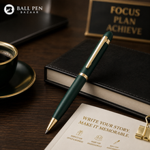 Ballpen Bazaar Matt Green Colour Body with Glossy Gold Colour Clip Twist Mechanism Ball Pen | Blue Ink | Premium Metal Writing Pen | 1 Pen + 1 Free Refill