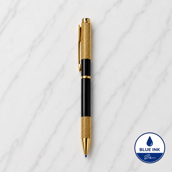 Metallic Glossy Black Ball Pen with Textured Glossy Gold Grip & Gold Clip | Twist Mechanism | Blue Ink | Premium Metal Writing Pen | 1 Pen + 1 Extra Free Refill