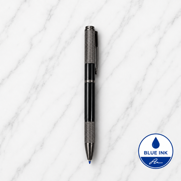 Metallic Glossy Black Metal Ball Pen with Textured Glossy Gunmetal Grip & Gunmetal Clip | Twist Mechanism | Blue Ink | 1 Pen + 1 Extra Free Refill | Premium Executive Writing Pen