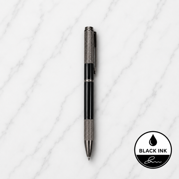Metallic Glossy Black Metal Ball Pen with Textured Glossy Gunmetal Grip & Gunmetal Clip | Twist Mechanism | Black Ink | 1 Pen with 1 Extra Free Refill | Premium Executive Writing Pen