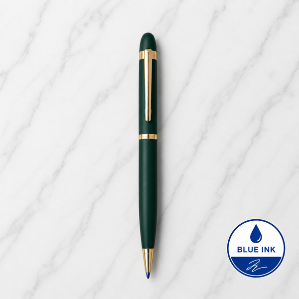 Matt Green Colour Body with Glossy Gold Colour Clip Twist Mechanism Ball Pen | Blue Ink | Premium Metal Writing Pen | 1 Pen + 1 Free Refill