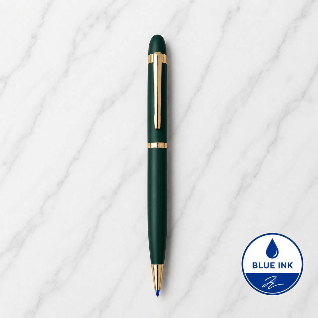 Matt Green Ball Pen with Glossy Gold Clip | Twist Mechanism | Blue Ink | 1 Pen + 1 Surprise Ball Pen Free