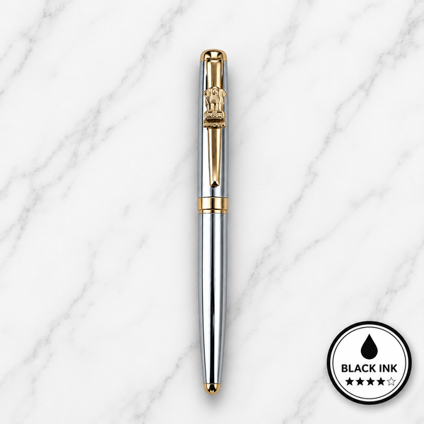 Metallic Glossy Silver Ball Pen with Silver Cap & Gold Ashoka Emblem Clip | Openable Mechanism | Black Ink | Premium Metal Writing Pen | 1 Pen + 1 Extra Refill