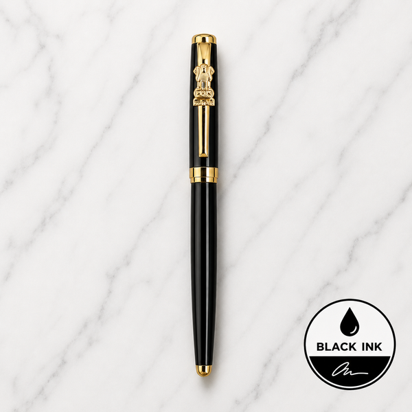 Metallic Glossy Black Ball Pen with Black Cap & Gold Ashoka Emblem Clip | Openable Metal Pen | Black Ink | 1 Pen + 1 Extra Refill