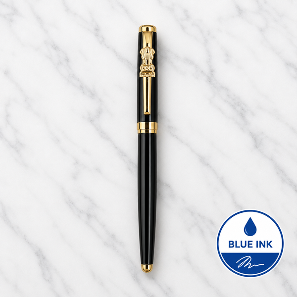 Metallic Glossy Black Ball Pen with Black Cap & Gold Ashoka Emblem Clip | Openable Metal Pen | Blue Ink | 1 Pen + 1 Extra Refill
