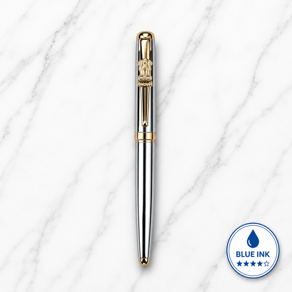 Metallic Glossy Silver Ball Pen with Silver Cap & Gold Ashoka Emblem Clip | Openable Mechanism | Blue Ink | 1 Pen + 1 Extra Refill