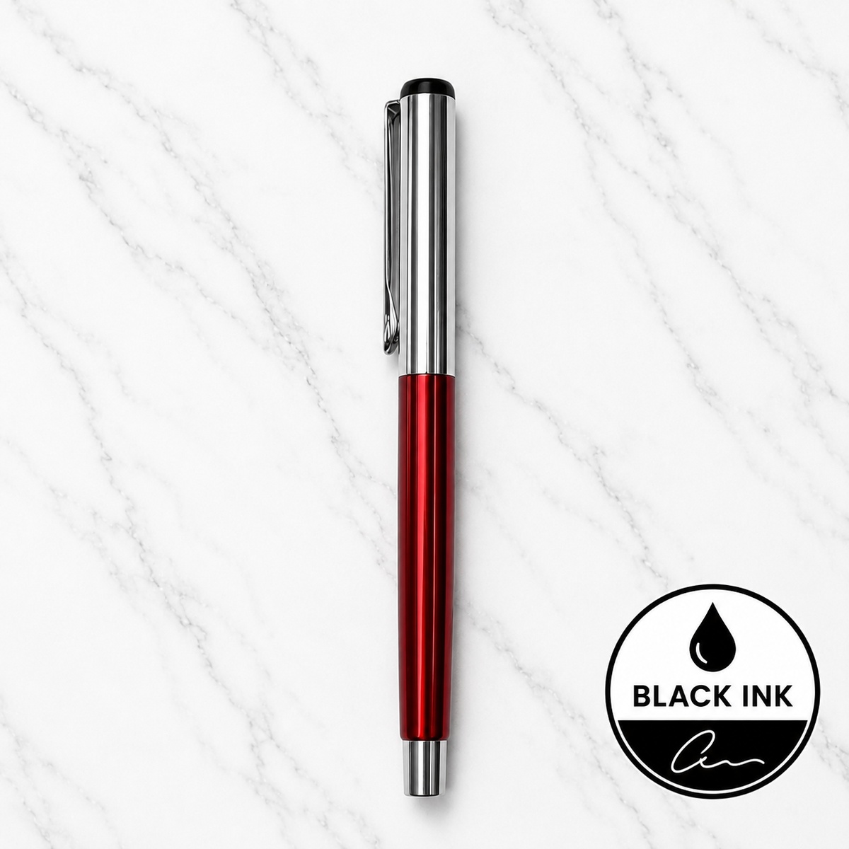Glossy red metal ball pen with silver cap, openable mechanism and black ink