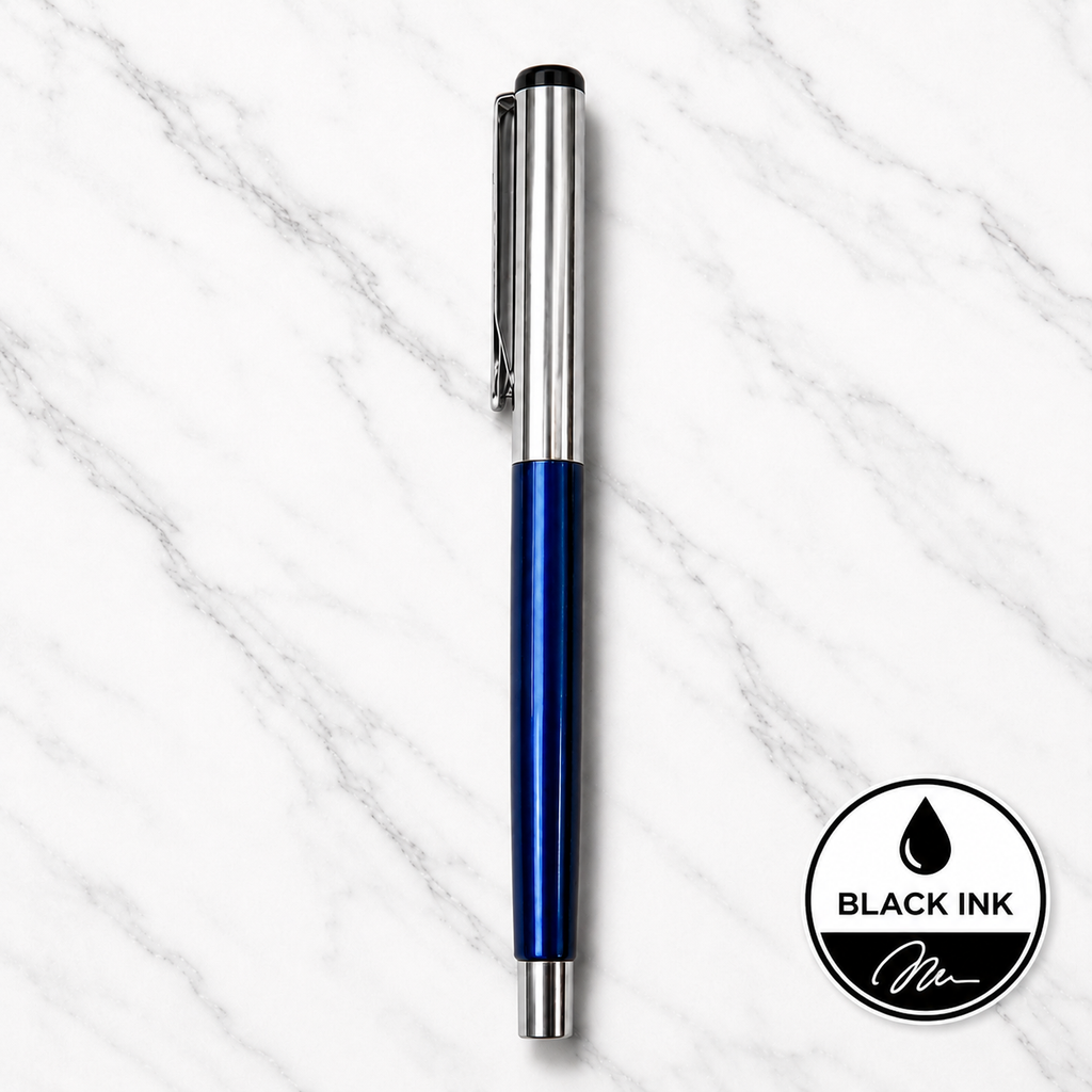 Metallic Glossy Blue Ball Pen with Silver Cap Openable Black Ink | 1 Pen + 1 Extra Refill