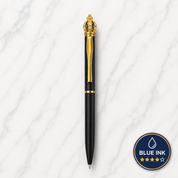 Matte Black Ball Pen with Gold Clip & Diamond Crown Top | Twist Mechanism | Blue Ink | Premium Metal Executive Pen | 1 Pen with 1 Extra Blue Refill