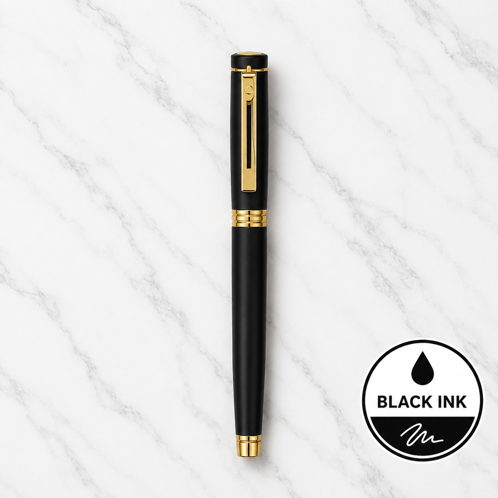 Ballpen Bazaar Matt Black Ball Pen with Black Cap and Gold Clip | Openable Metal Pen | Black Ink | 1 Pen with 1 Extra Refill | Premium Executive Writing Pen