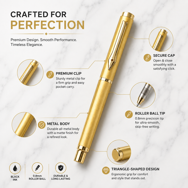 Glossy gold triangle roller ball pen with gold cap and openable design