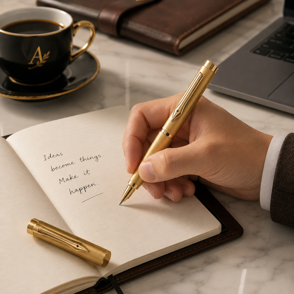 Ball Pen Bazaar Metallic Glossy Gold Triangle Roller Ball Pen | Openable Cap | Black Ink | 1 Pen + 1 Free Refill