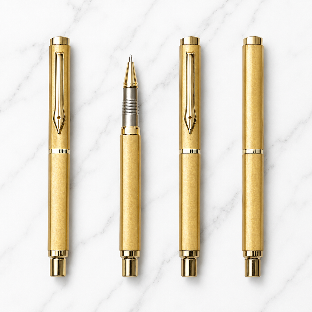 Ball Pen Bazaar Metallic Glossy Gold Triangle Roller Ball Pen | Openable Cap | Black Ink | 1 Pen + 1 Free Refill