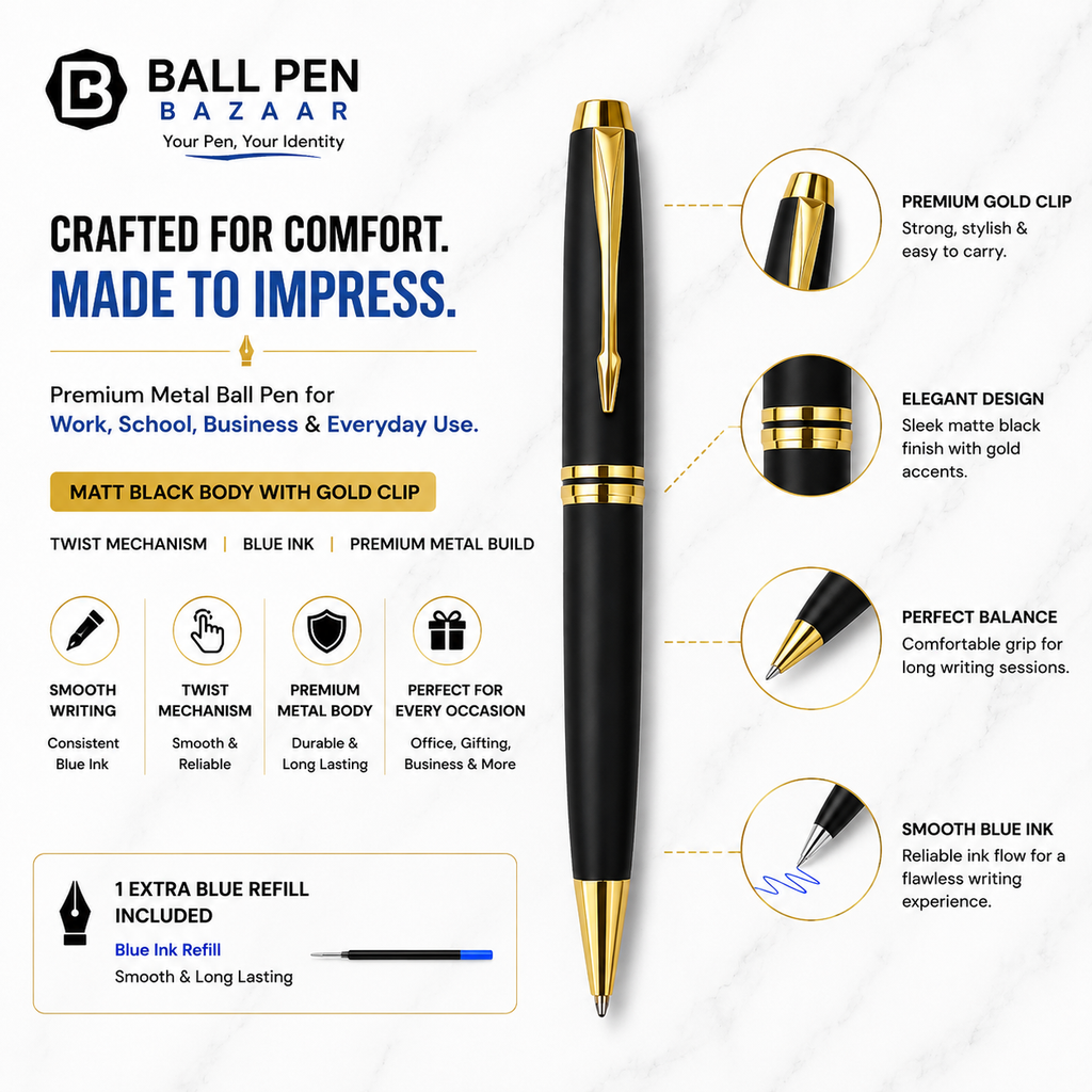 Ballpen Bazaar Matte Black Ball Pen with Gold Clip | Twist Mechanism | Blue Ink | Includes 1 Cross Type Refill