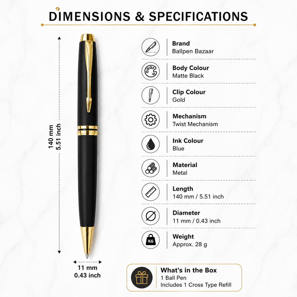 Ballpen Bazaar Matte Black Ball Pen with Gold Clip | Twist Mechanism | Blue Ink | Includes 1 Cross Type Refill