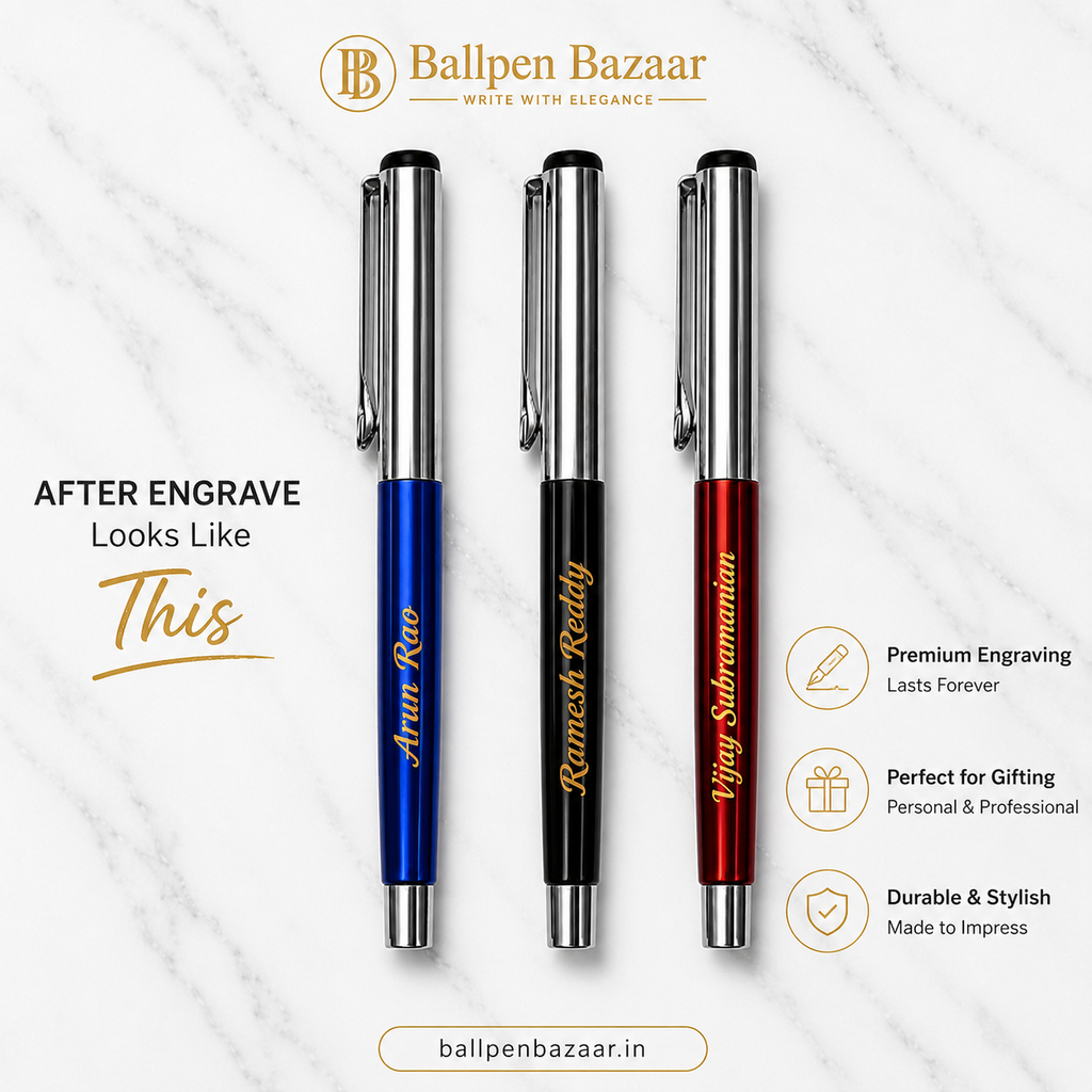 Ballpen Bazaar Set of 3 Metallic Glossy Ball Pens Blue Red Black with Silver Cap | Openable Metal Ball Pen | Blue Ink | Includes 3 Refills | Executive Office & Gift Pen Set